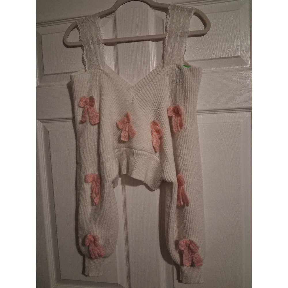 Pink Bow Lace Strap Ivory Knit Sweater Coquette Balletcore Fairycore Womens XL - Picture 3 of 9
